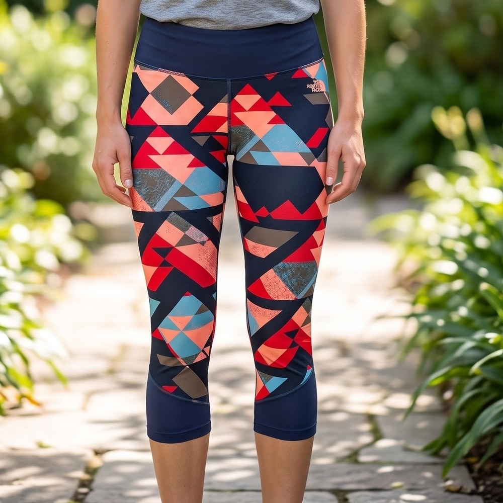 The North Face FlashDry Cropped Leggings Navy Red Geometric Triangle Print L